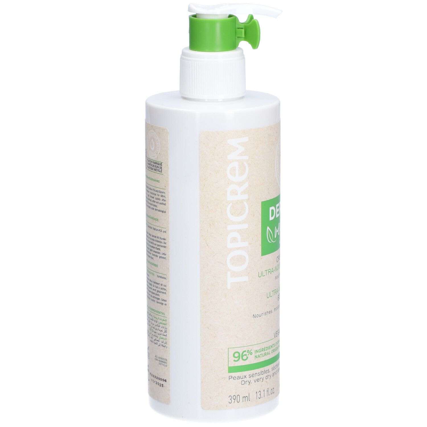 Weißer Spender mit grünem Pumpkopf. Aufschrift: Topicrem, DermoVegetal, Crème Corps, Ultra-Nourrissante, Ultra-Nourishing Body Cream.
