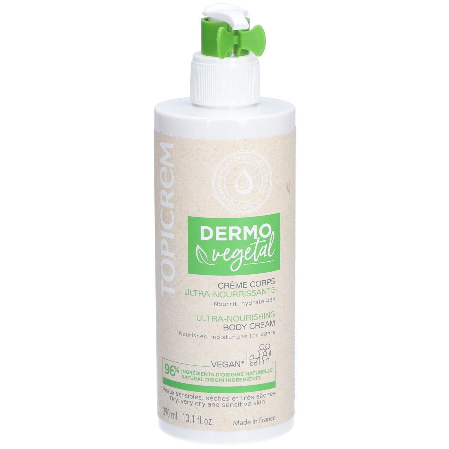 Weißer Spender mit grünem Pumpkopf. Aufschrift: DermoVegetal, Crème Corps, Ultra-Nourrissante, Ultra-Nourishing Body Cream.