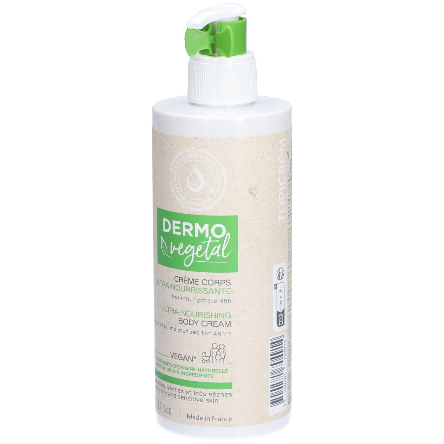 Weißer Spender mit grünem Pumpkopf. Aufschrift: DermoVegetal, Crème Corps, Ultra-Nourrissante, Ultra-Nourishing Body Cream.