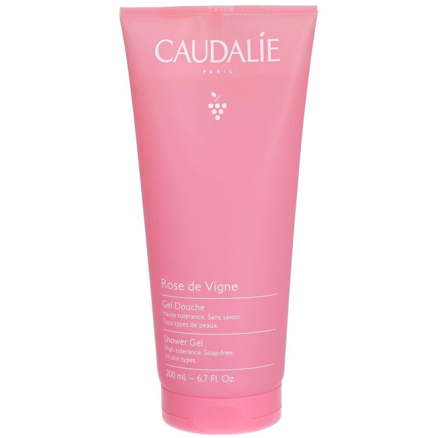 Rosa Tube mit weißem Schriftzug. Caudalie Rose de Vigne Duschgel. 200 ml.