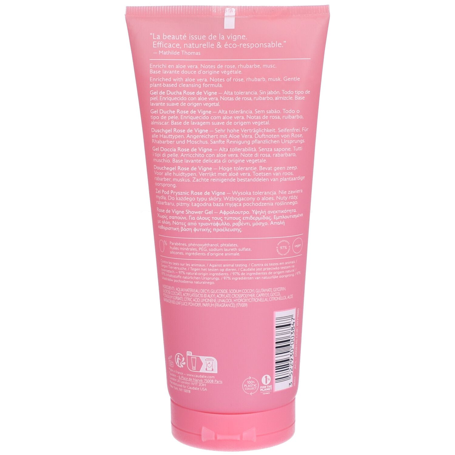 Rückseite einer rosa Tube. Text in mehreren Sprachen. Caudalie Rose de Vigne Duschgel.