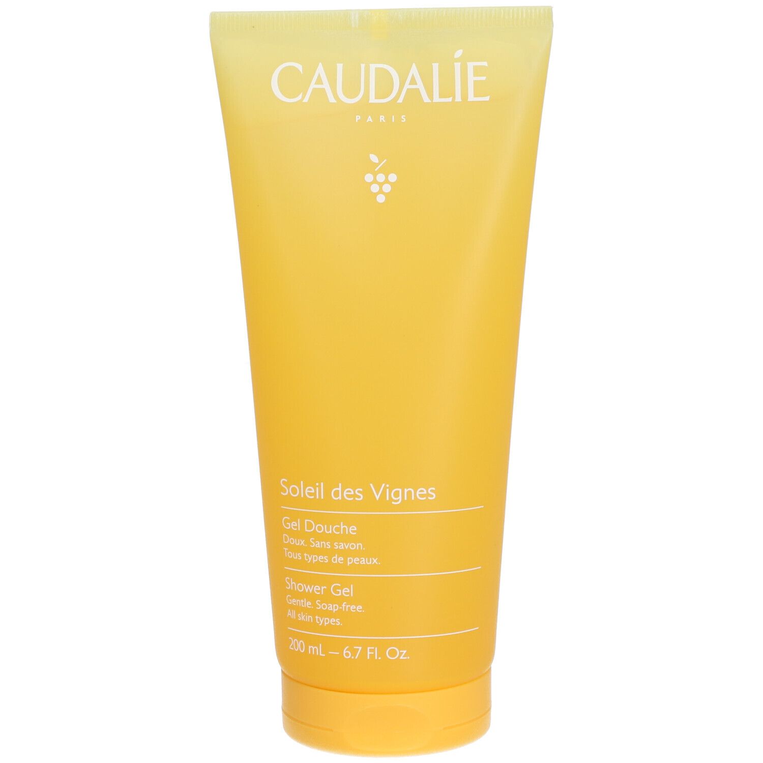 Gel-Dusche Caudalie Soleil des Vignes. Gelbe Tube mit weißer Schrift. Enthält Informationen über die Marke und Produktbezeichnung.