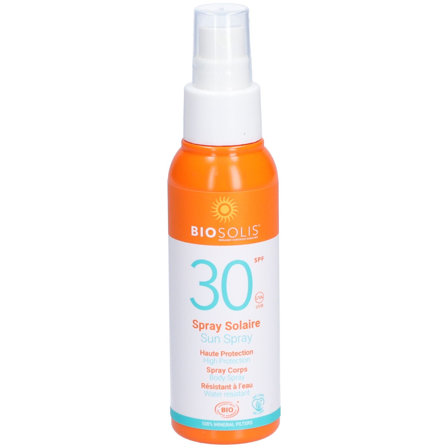 Sonnenspray-Flasche, orange-weiß. Aufschrift: BIO, 30 SPF, Spray Solaire, Sun Spray. Mit Sprühkopf.