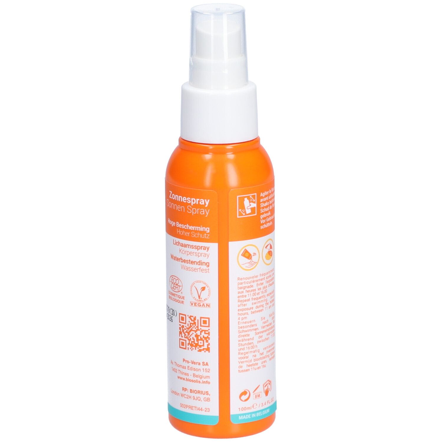 Rückseite der Sonnenspray-Flasche. Orange-weiß. Text: Sonnenspray, hoher Schutz, etc. Mit Piktogrammen.