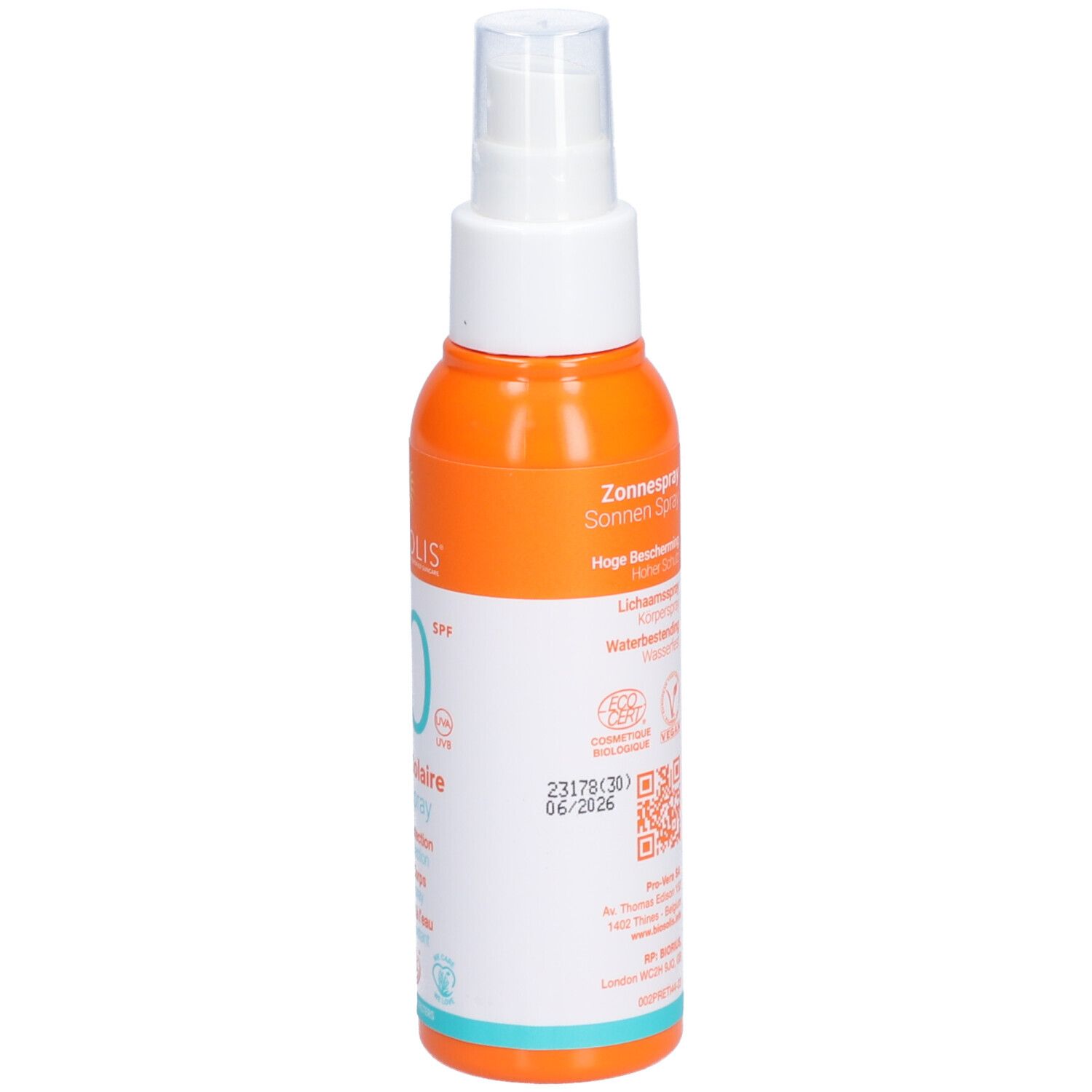 Rückseite der Sonnenspray-Flasche. Orange-weiß. Text: Sonnenspray, hoher Schutz, etc. Mit Haltbarkeitsdatum.