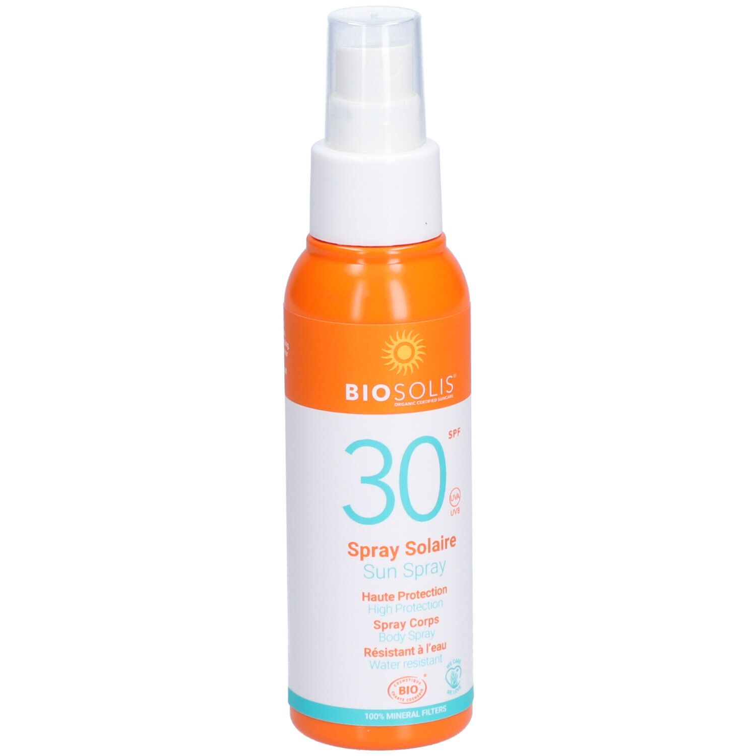 Sonnenspray-Flasche, orange-weiß. Aufschrift: BIO, 30 SPF, Spray Solaire, Sun Spray. Mit Sprühkopf.
