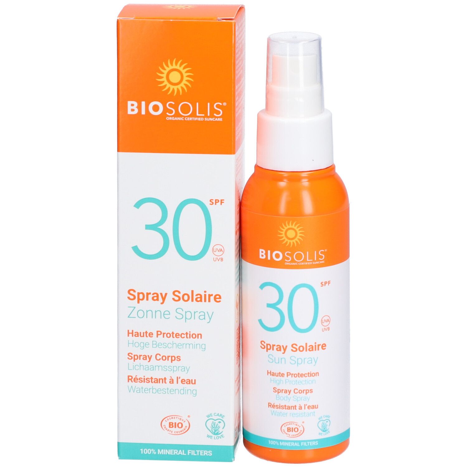 Sonnenspray-Flasche und Verpackung. Orange-weiß. Aufschrift: BIO, 30 SPF, Spray Solaire, Sun Spray. Mit Sprühkopf.