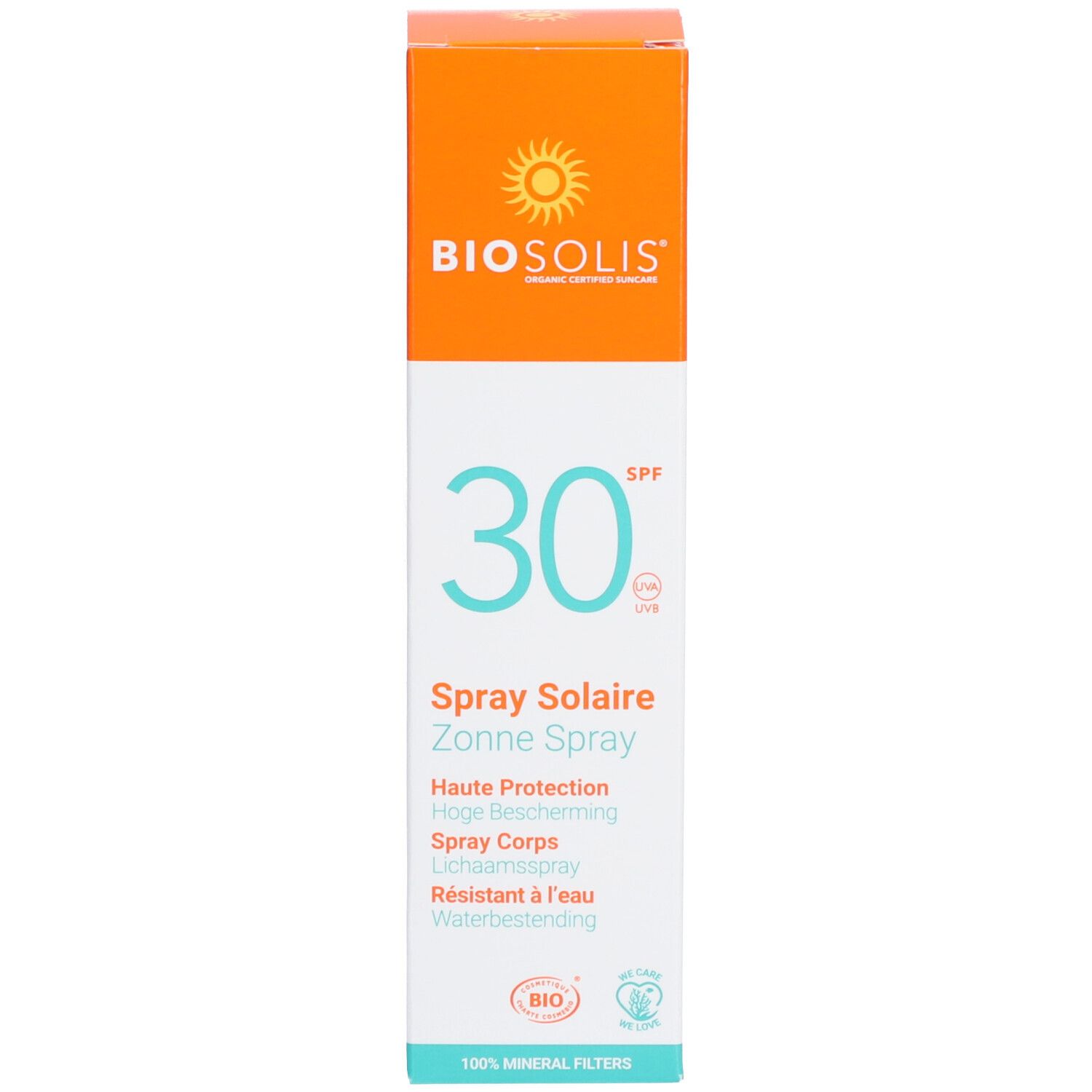 Verpackung des Sonnensprays. Orange-weiß. Aufschrift: BIO, 30 SPF, Spray Solaire, Sun Spray. Mit Text.
