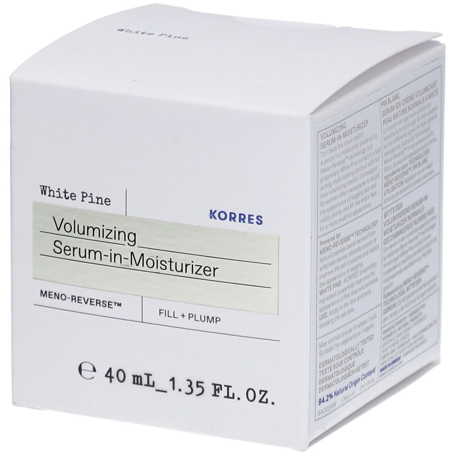 Weiße Schachtel mit Produktinformationen. Schriftzug: White Pine, Volumizing Serum-in-Moisturizer, KORRES.