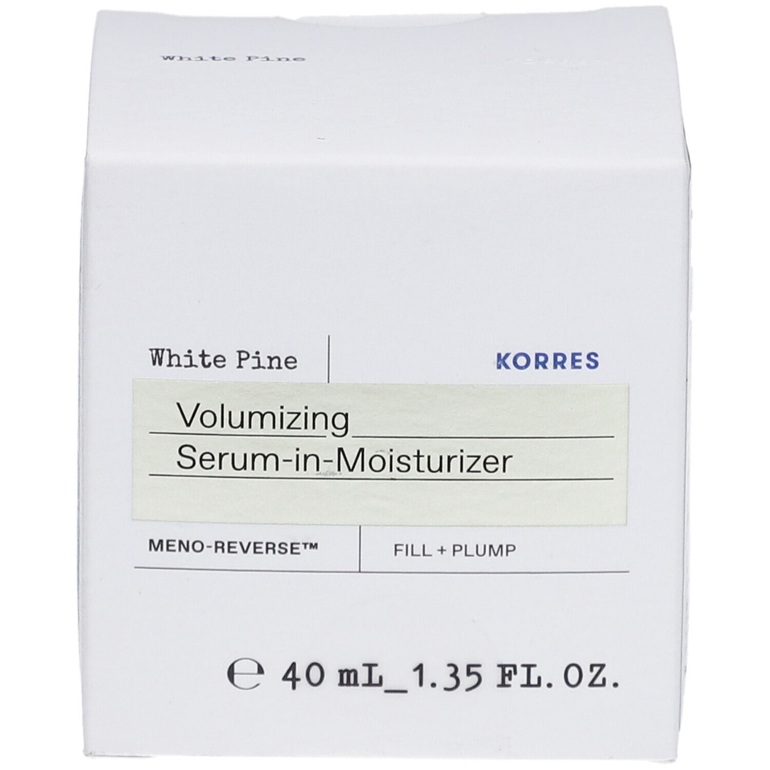 Weiße Schachtel mit Produktinformationen. Schriftzug: White Pine, Volumizing Serum-in-Moisturizer, KORRES.