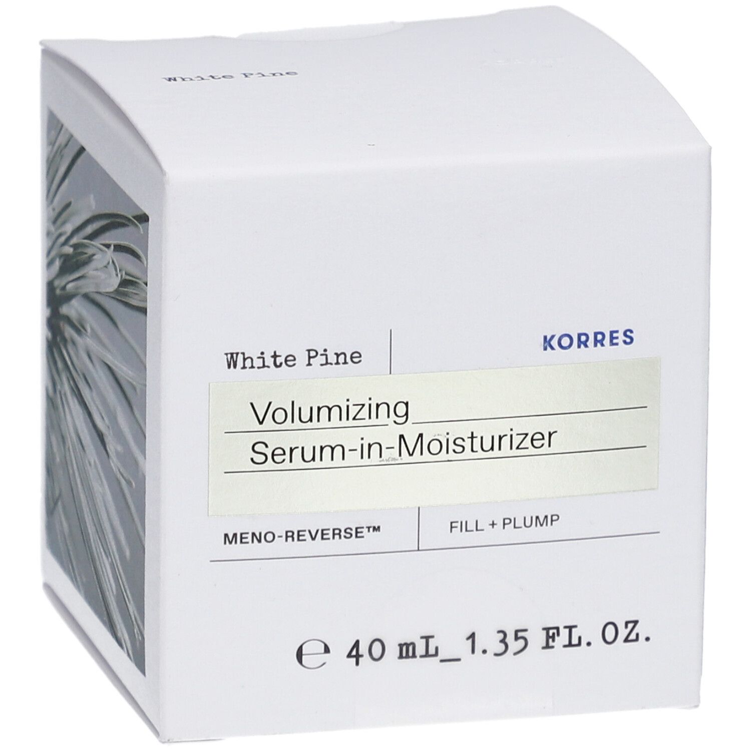 Weiße Schachtel mit Produktinformationen. Schriftzug: White Pine, Volumizing Serum-in-Moisturizer, KORRES.