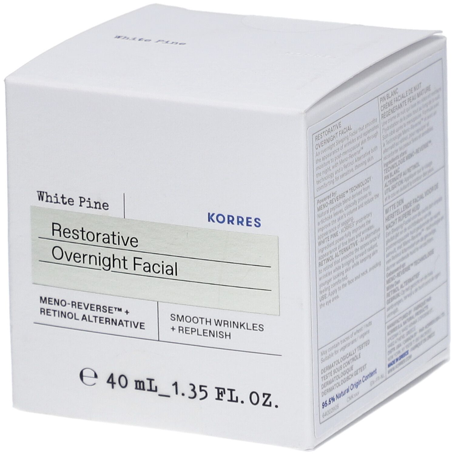 Weiße quadratische Verpackung mit Produktinformationen. Aufschrift: White Pine, Restorative Overnight Facial, KORRES.