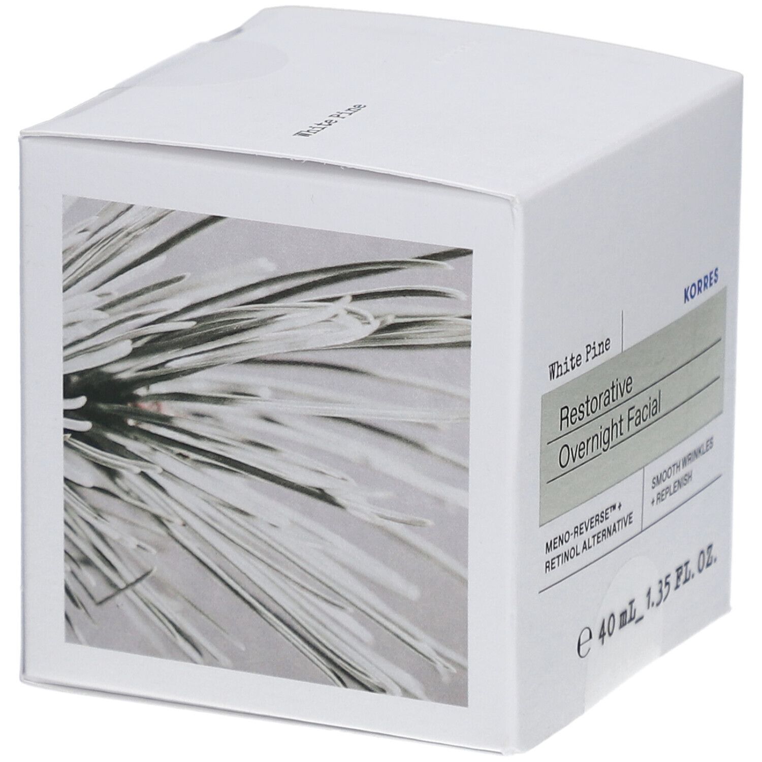 Weiße quadratische Verpackung mit Kiefernzweig-Illustration. Aufschrift: White Pine, Restorative Overnight Facial, KORRES.