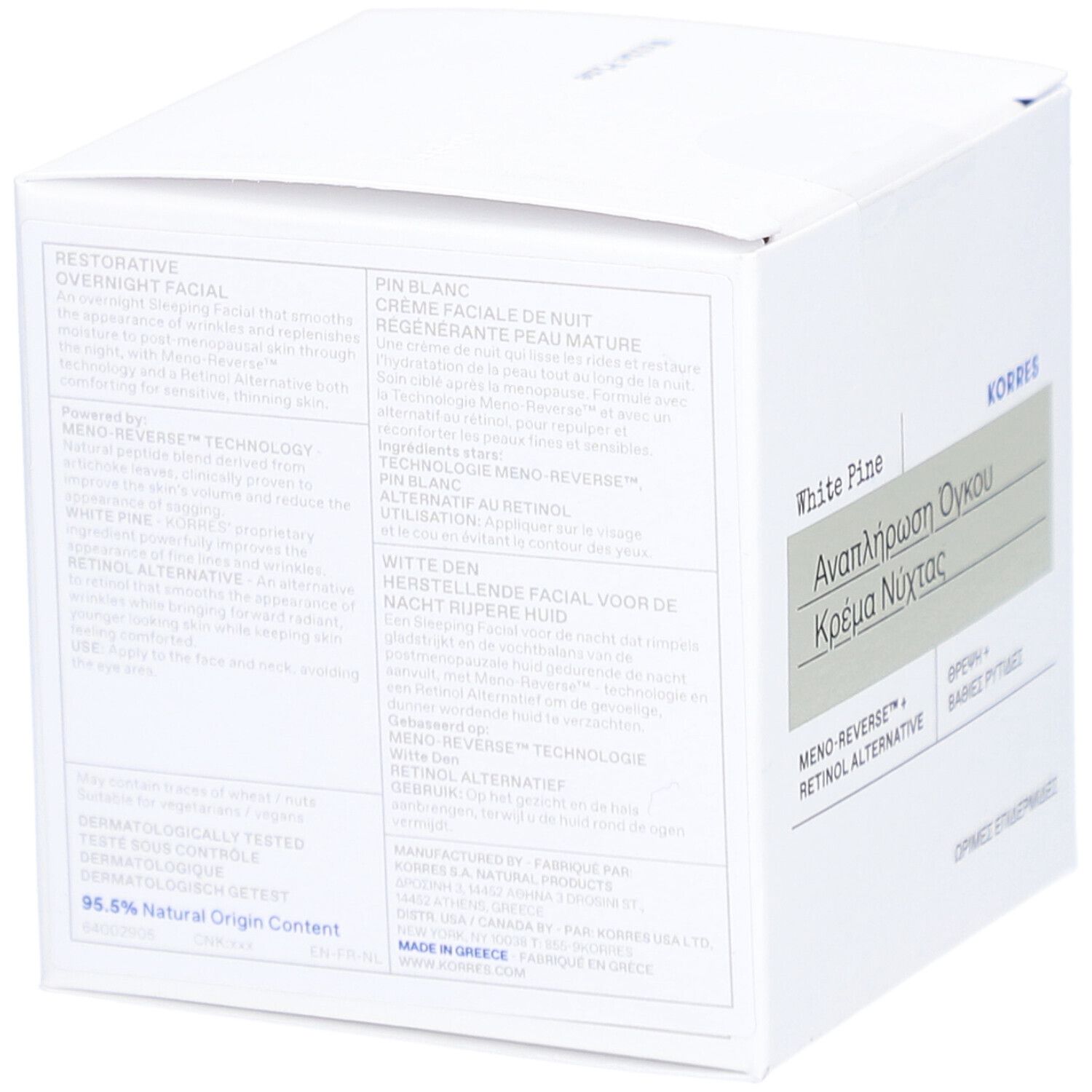 Rückseite einer weißen quadratischen Verpackung mit Text. Aufschrift: White Pine, KORRES.