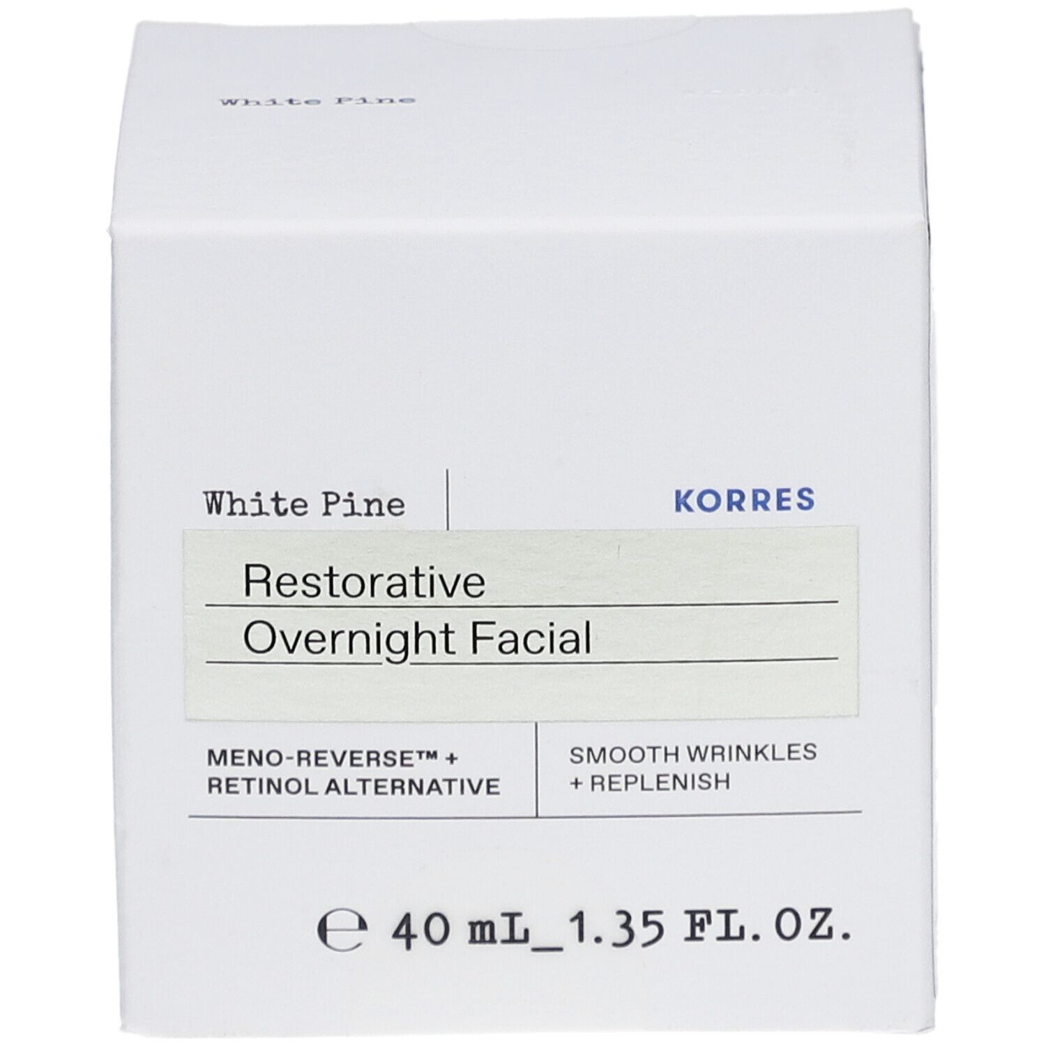 Weiße quadratische Verpackung mit Produktinformationen. Aufschrift: White Pine, Restorative Overnight Facial, KORRES.