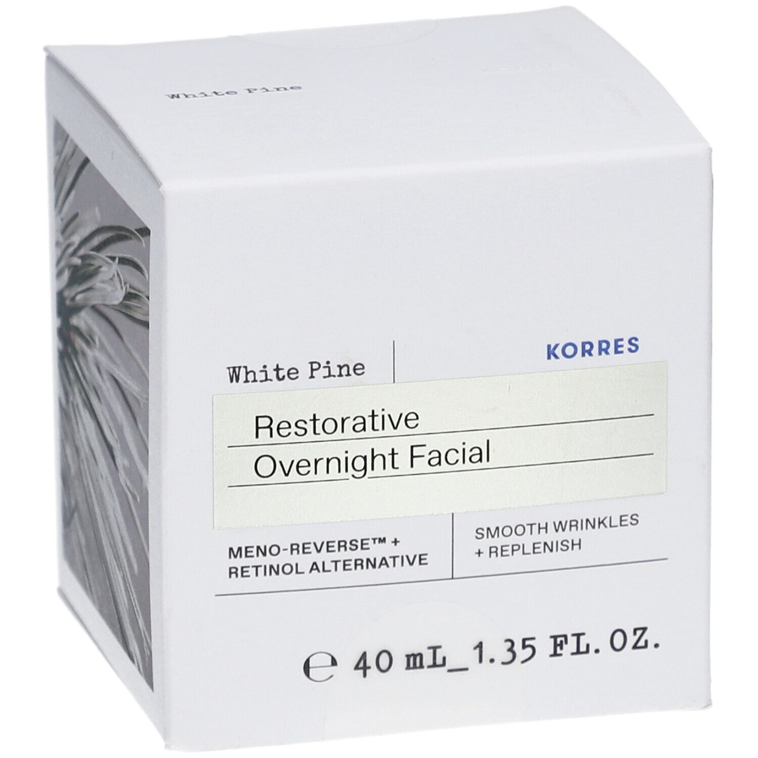 Weiße quadratische Verpackung mit Produktinformationen. Aufschrift: White Pine, Restorative Overnight Facial, KORRES.