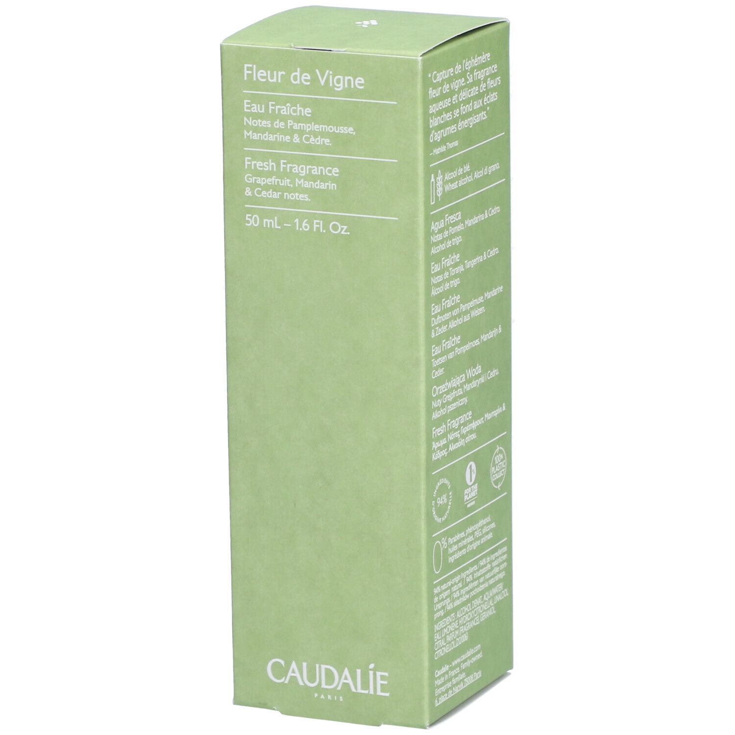 Grüne Schachtel mit Produktinformationen. Text: Fleur de Vigne, Eau Fraîche, Fresh Fragrance. Caudalie-Logo unten.