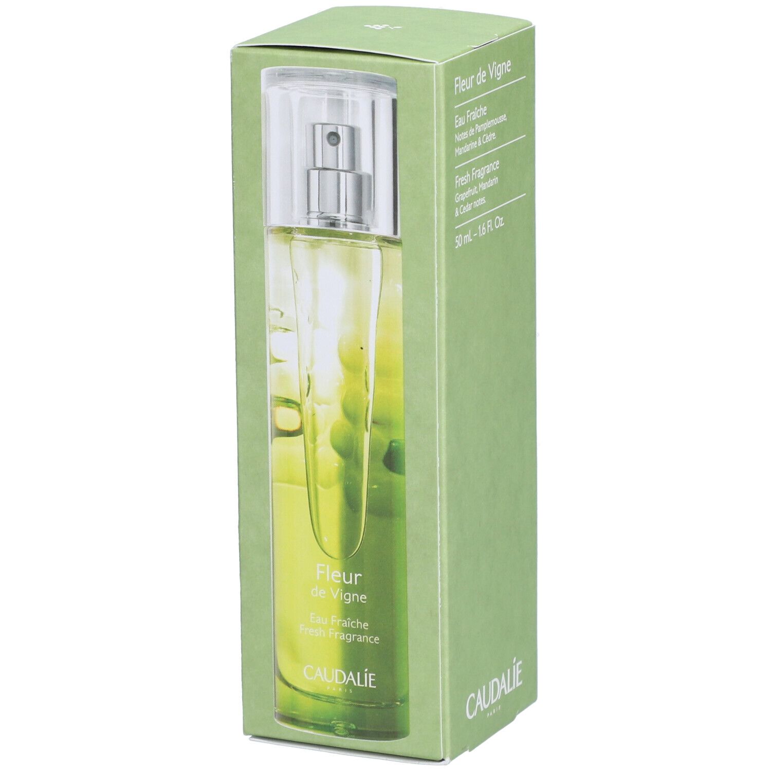 Produkt in grüner Schachtel. Flakon mit Zerstäuber sichtbar. Produktname und Logo Caudalie.