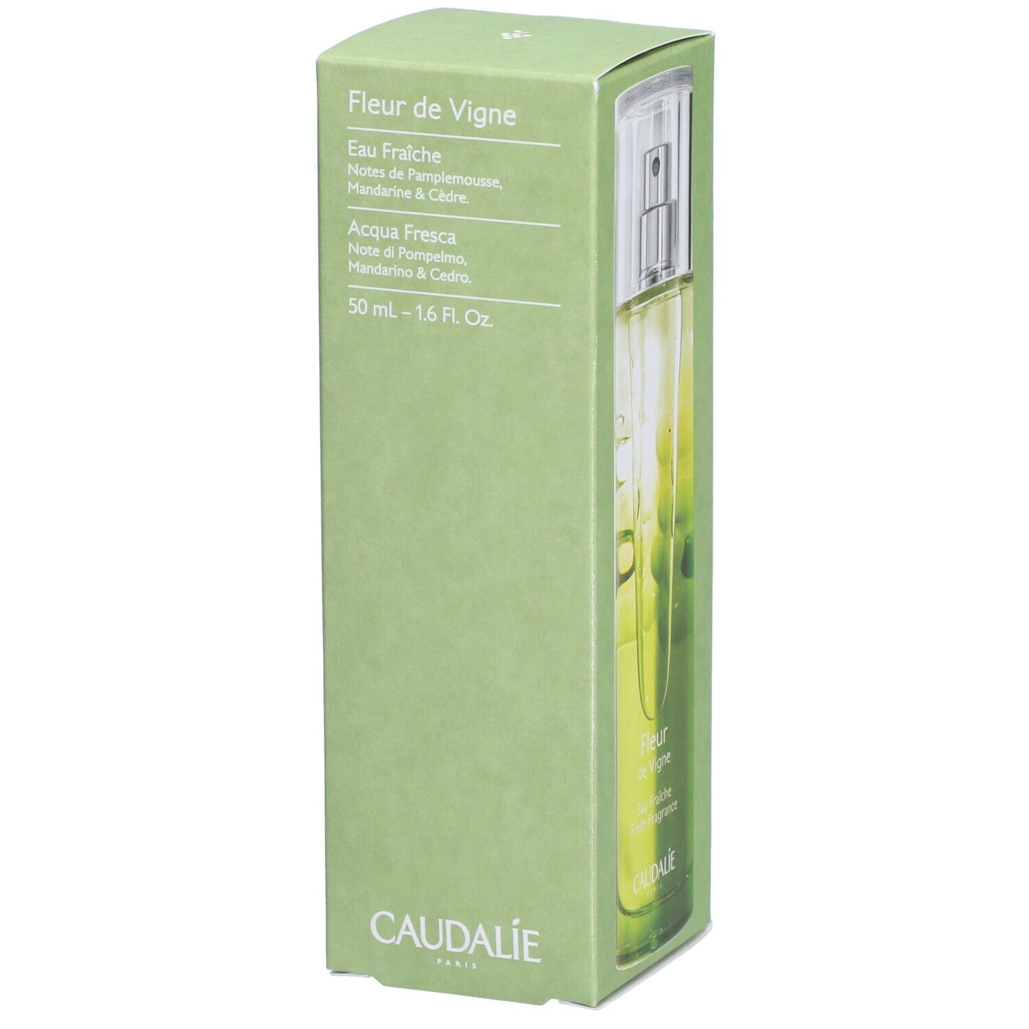 Produkt in grüner Schachtel. Flakon teilweise sichtbar. Produktname und Logo Caudalie.