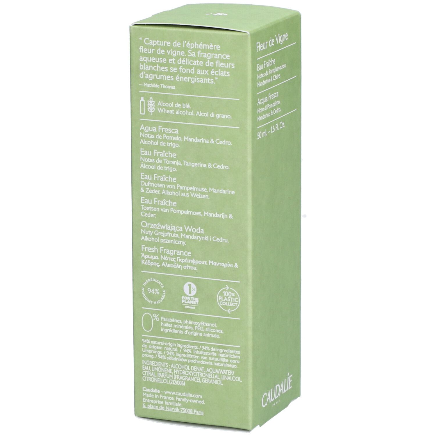 Grüne Schachtel mit Text. Produktinformationen, Inhaltsstoffe, Zertifizierungen. Caudalie-Logo.