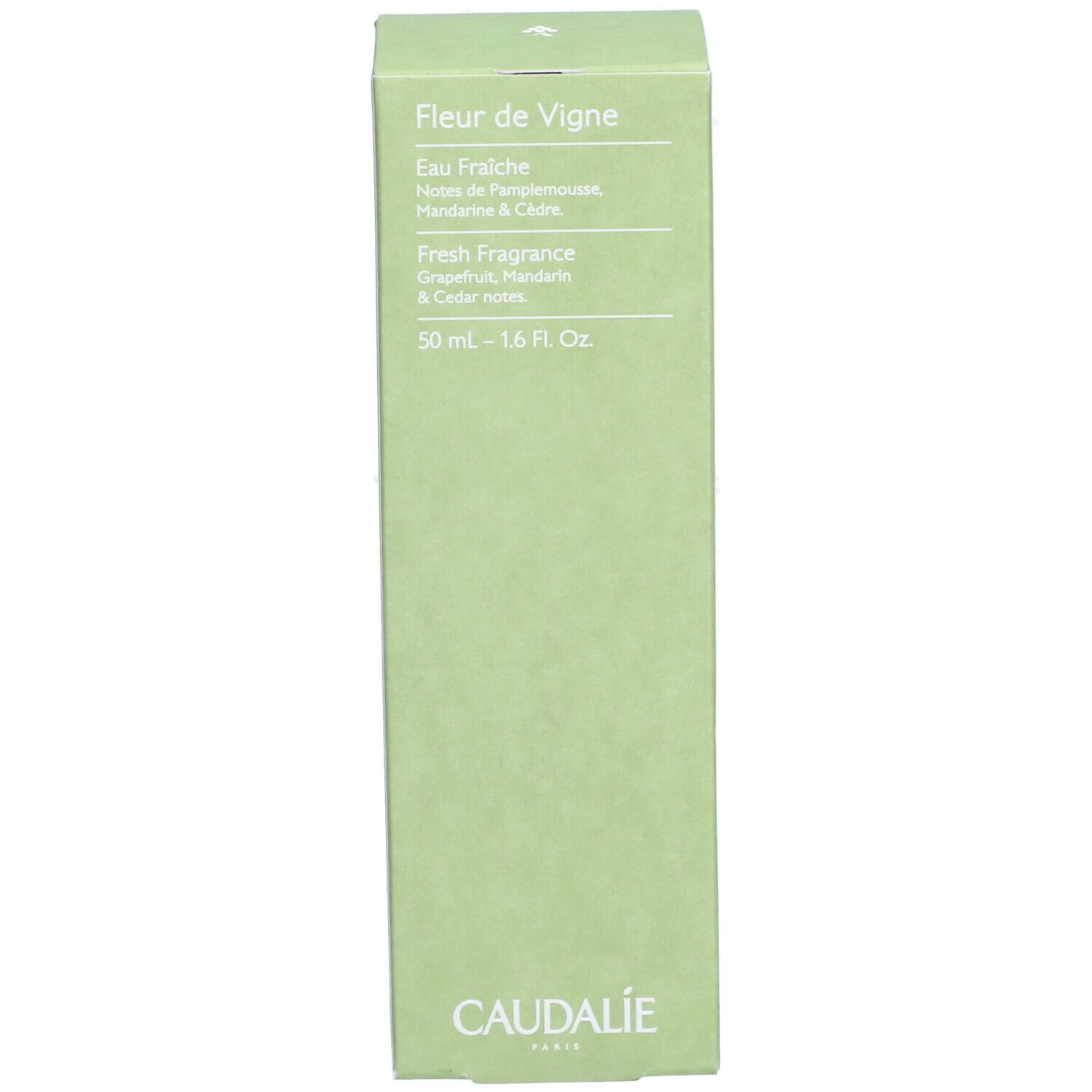 Grüne Schachtel mit Produktinformationen. Text: Fleur de Vigne, Eau Fraîche, Fresh Fragrance. Caudalie-Logo.