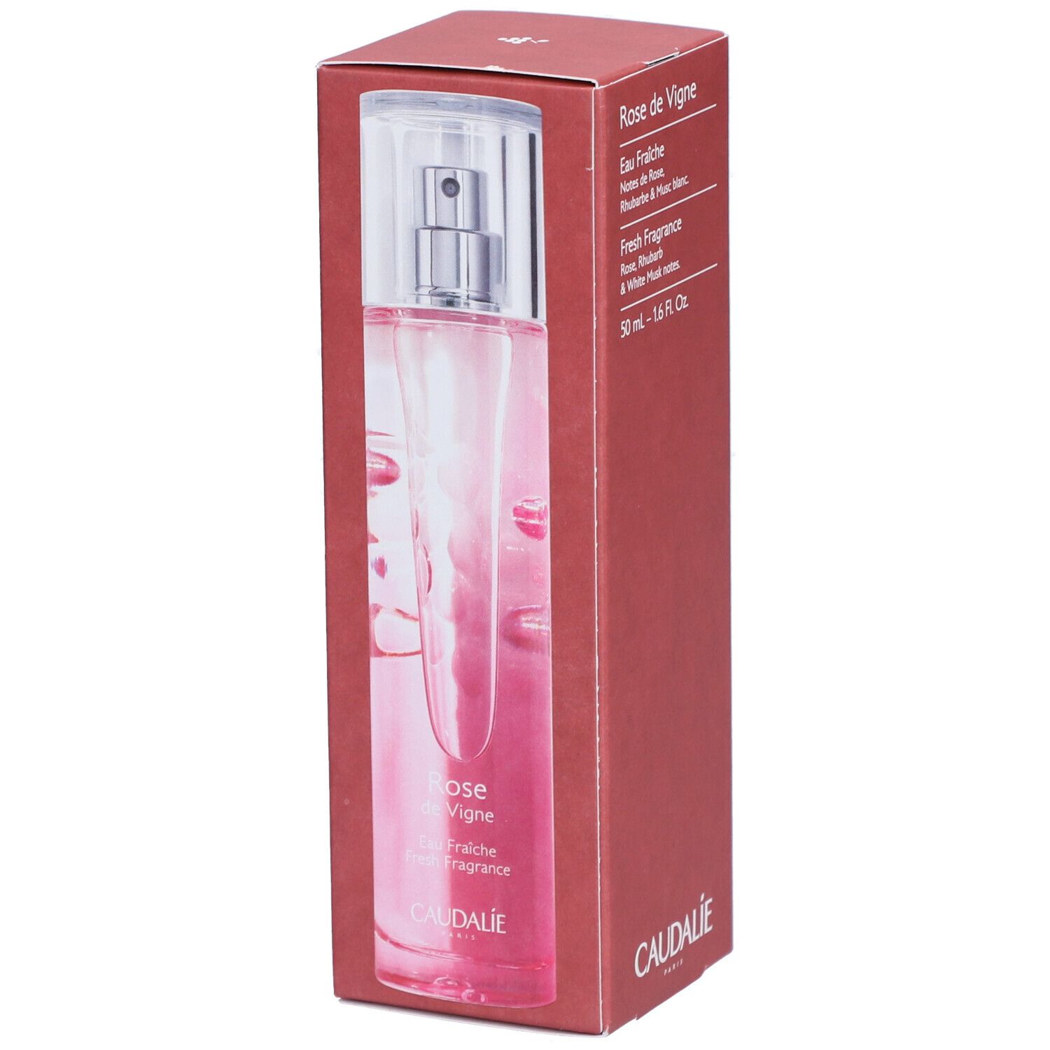 Produkt in roter Verpackung. Eine transparente Flasche mit Zerstäuber ist sichtbar. Text: Rose de Vigne, Eau Fraiche, 50 ml, Caudalie.