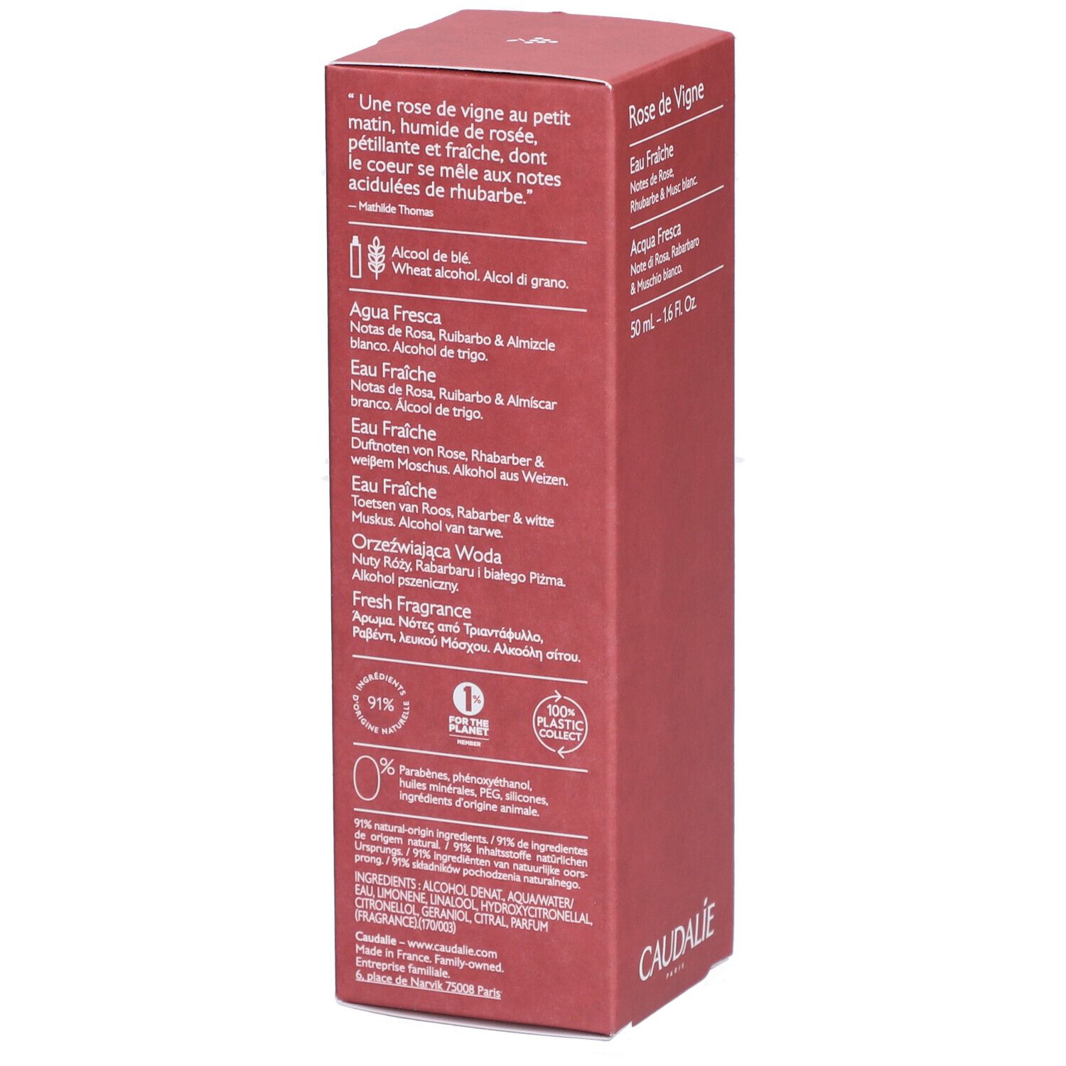 Rote Kartonverpackung mit Produktinformationen. Text: Rose de Vigne, Eau Fraiche, 50 ml, Caudalie-Logo. Zertifizierungen.