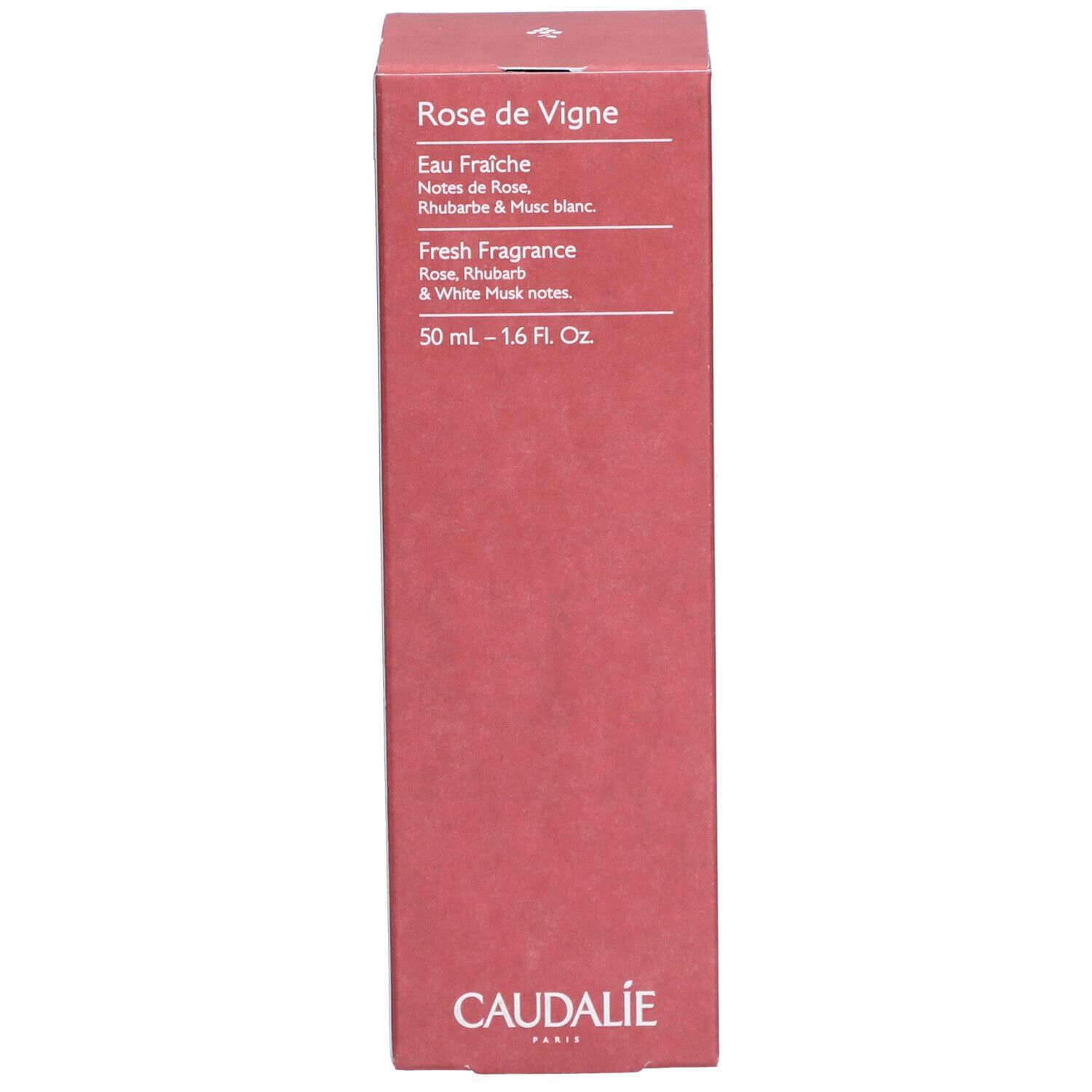 Rote Kartonverpackung mit Produktinformationen. Text: Rose de Vigne, Eau Fraiche, 50 ml, Caudalie-Logo.