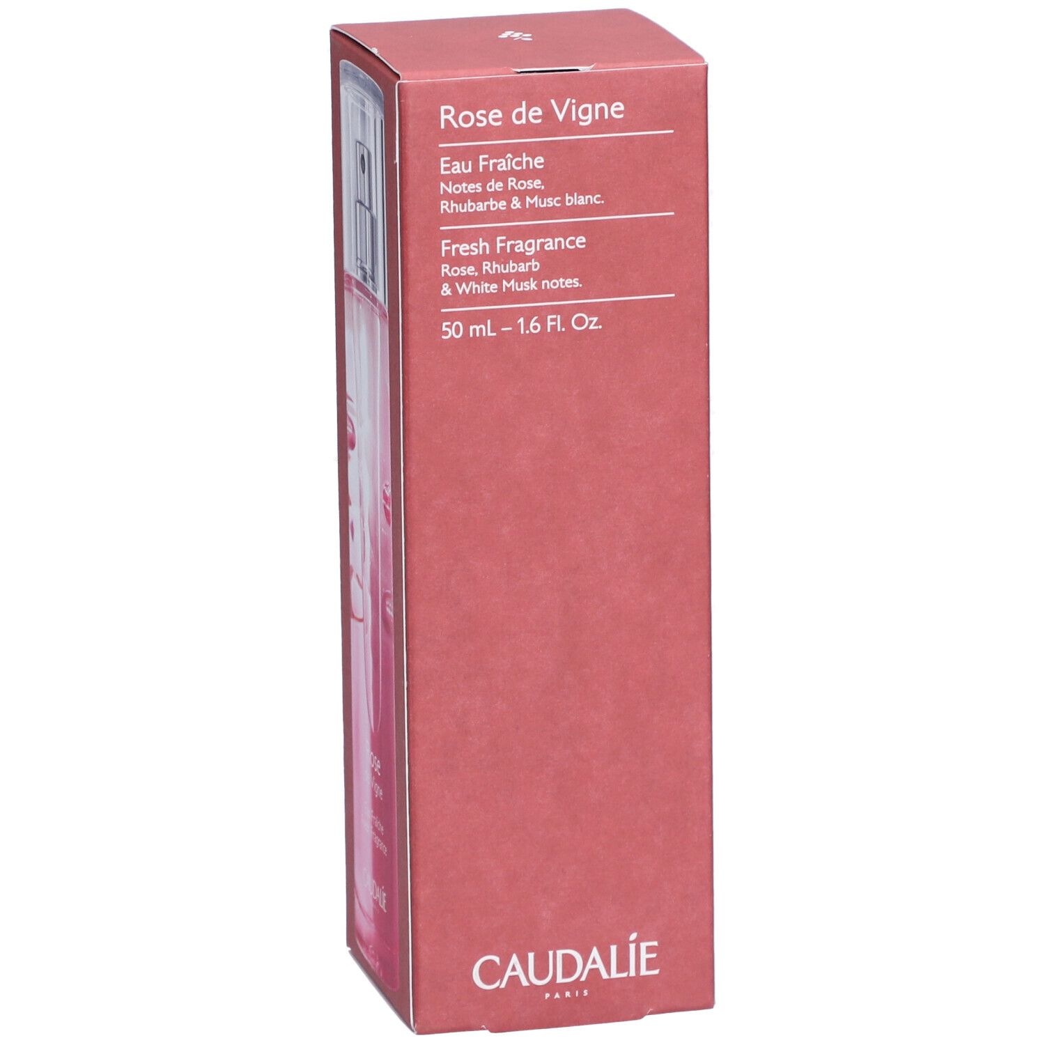 Produkt in roter Verpackung. Eine transparente Flasche mit Zerstäuber ist sichtbar. Text: Rose de Vigne, Eau Fraiche, 50 ml, Caudalie.