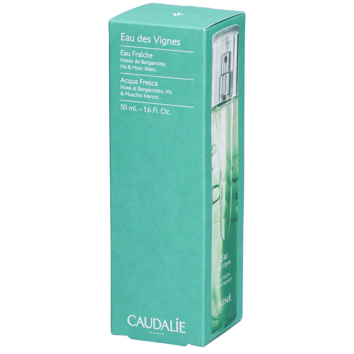 Türkisgrüne Schachtel mit Caudalie Eau des Vignes. Flakon durch Fenster sichtbar. Text: Eau Fraîche, 50 ml, Caudalie.