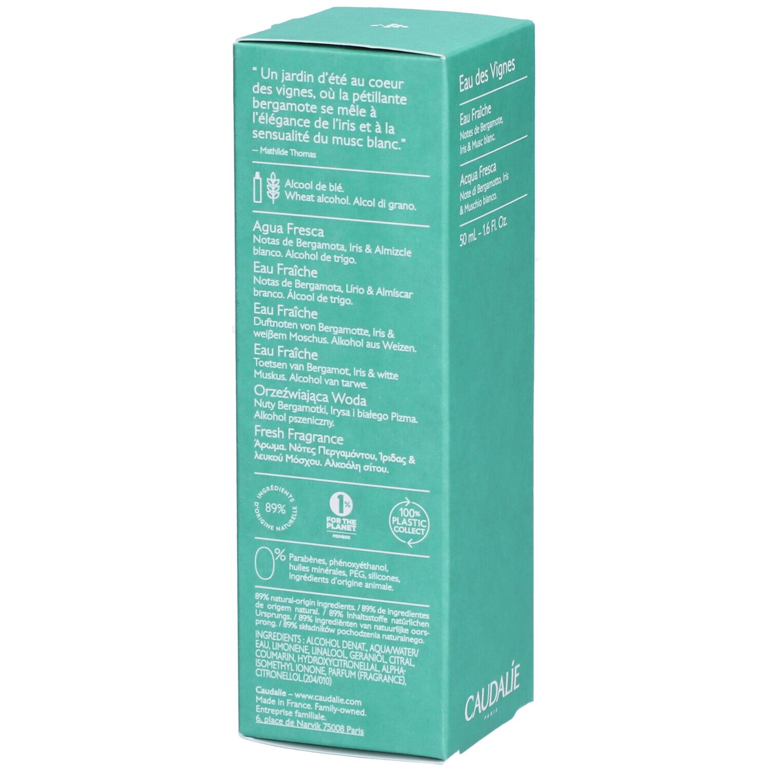 Türkisgrüne Schachtel Caudalie Eau des Vignes. Text: Eau Fraîche, Inhaltsstoffe, 95% Inhaltsstoffe natürlichen Ursprungs, 100% Plastic Recycle.
