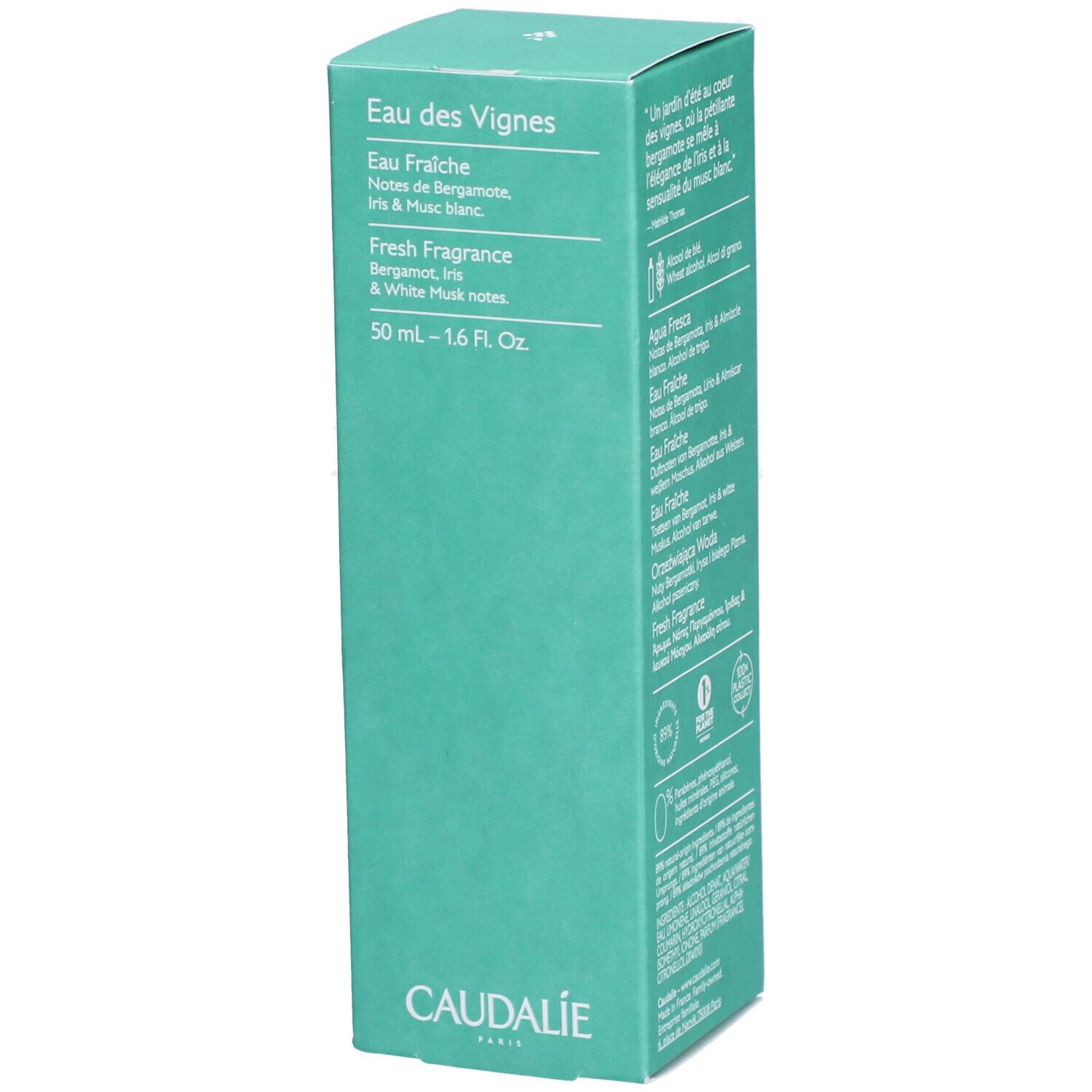 Türkisgrüne Schachtel Caudalie Eau des Vignes. Text: Eau Fraîche, 50 ml, Caudalie. Flakon durch Fenster sichtbar.