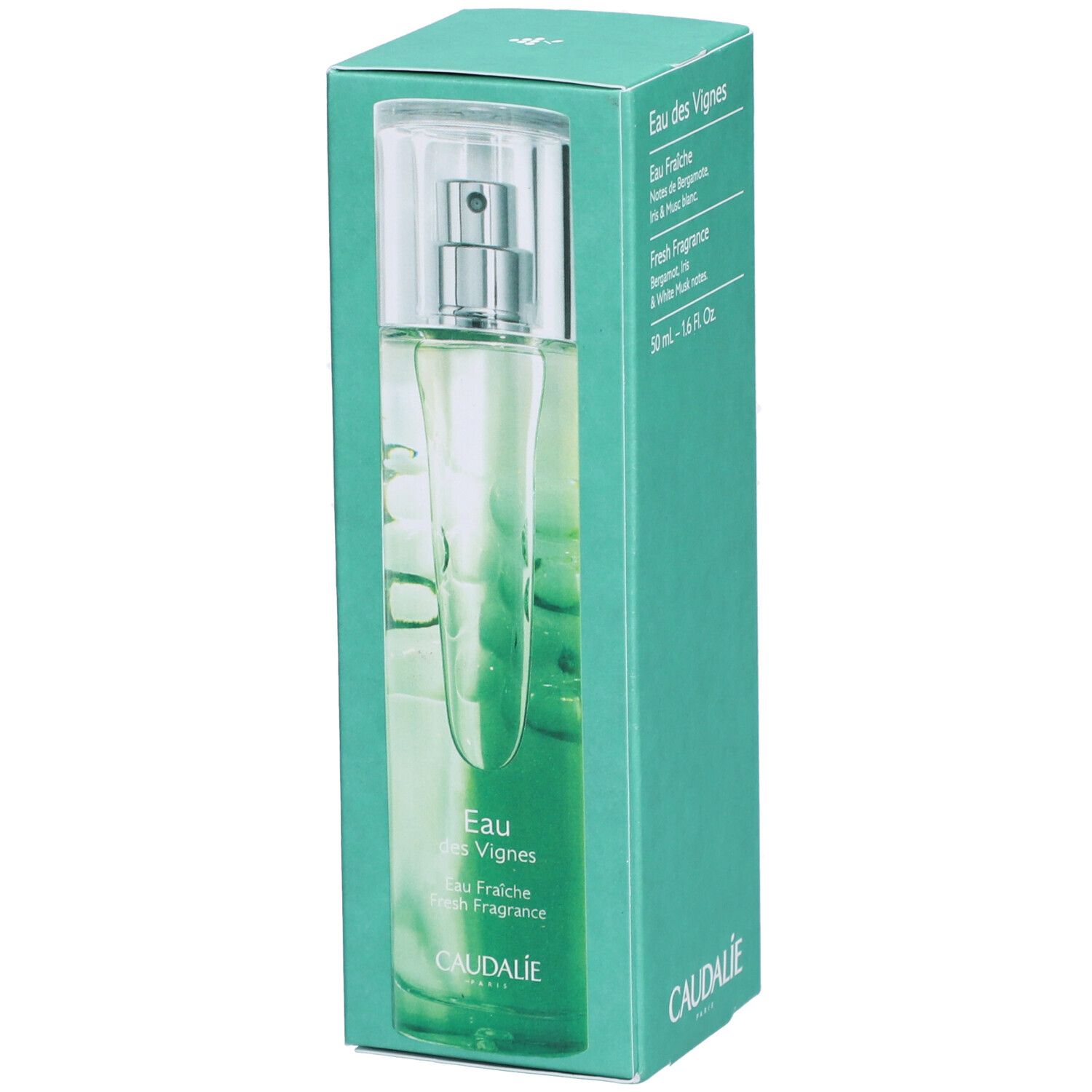 Türkisgrüne Schachtel Caudalie Eau des Vignes. Flakon durch Fenster sichtbar. Text: Eau Fraîche, 50 ml, Caudalie.