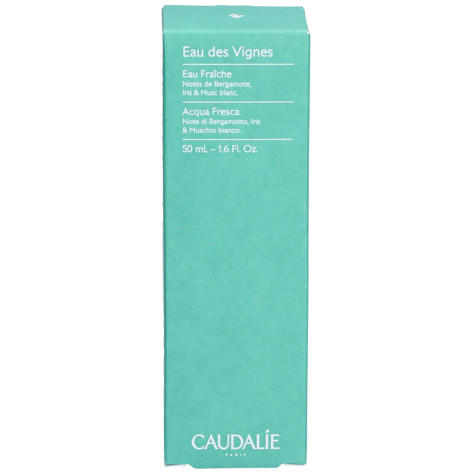 Türkisgrüne Schachtel Caudalie Eau des Vignes. Text: Eau Fraîche, 50 ml, Caudalie.