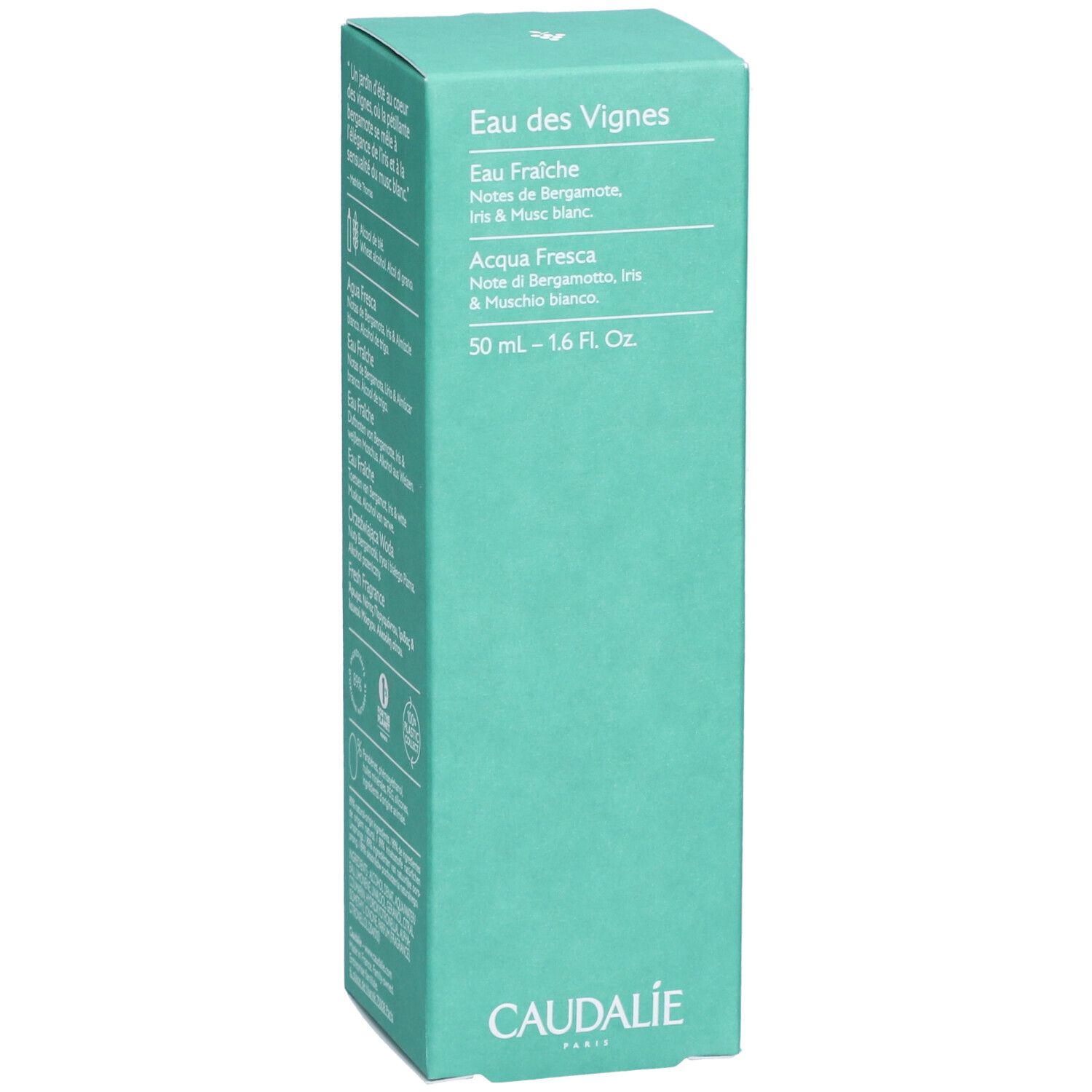 Türkisgrüne Schachtel Caudalie Eau des Vignes. Text: Eau Fraîche, Inhaltsstoffe, 95% Inhaltsstoffe natürlichen Ursprungs, 100% Plastic Recycle.