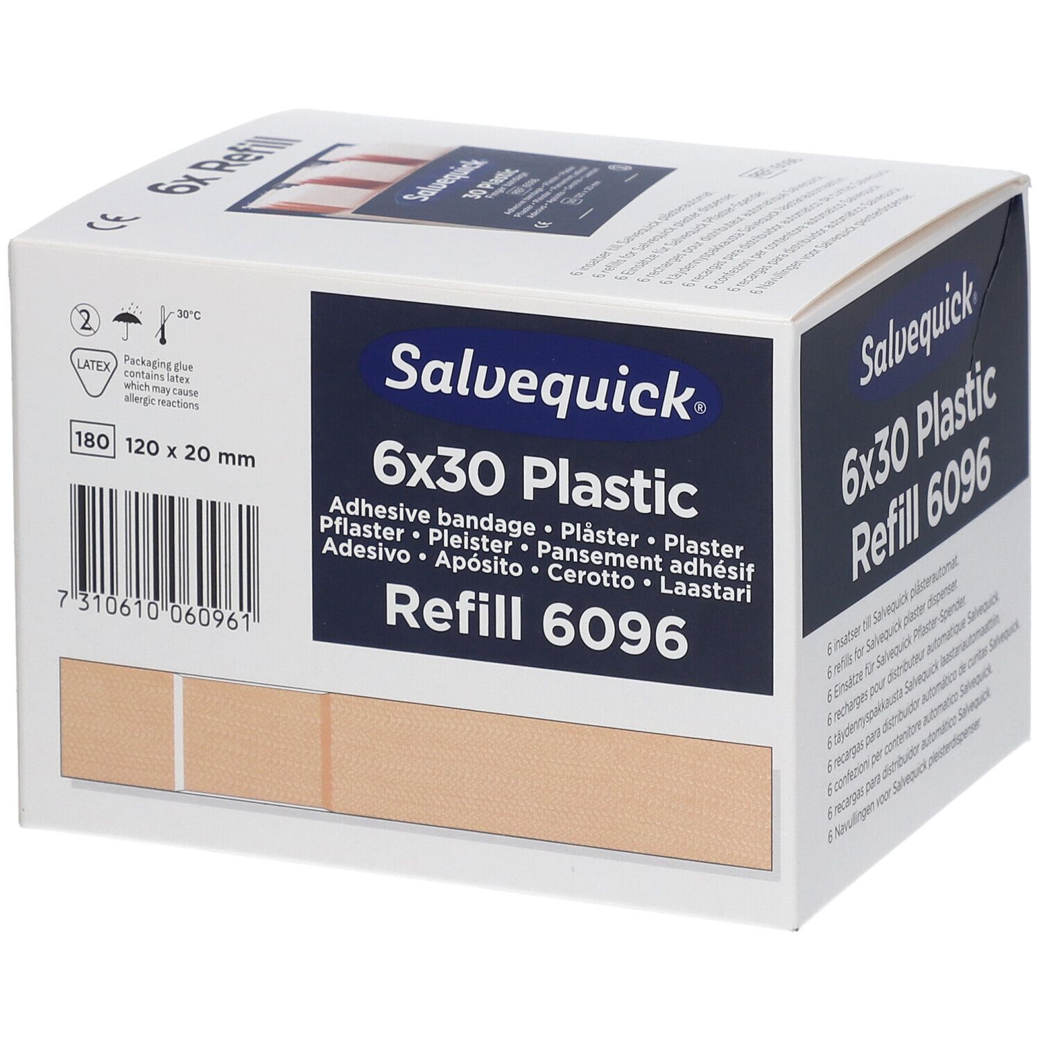 Salvequick 6x30 Plastic Refill 6096 Packung mit 6x30mm Plastikpflastern, 180 Stück.