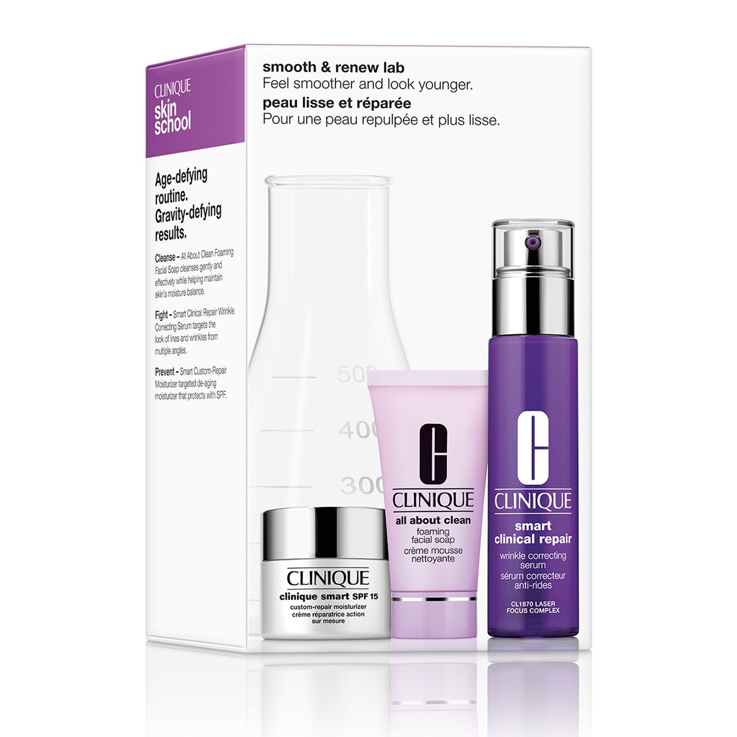 Geschenkset mit drei CLINIQUE-Produkten: Creme, Reinigungsschaum und Serum. Verpackt in einer weißen Box mit lila Akzenten.