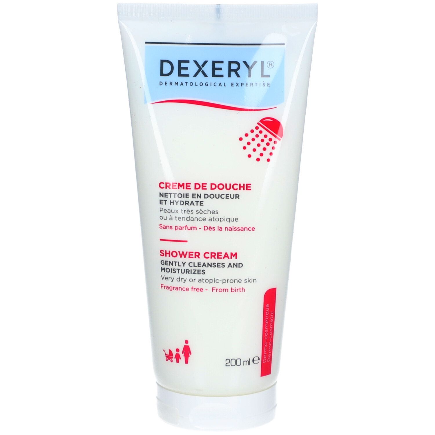 Weiße Tube mit Dexeryl Duschcreme, 200ml. Für sehr trockene oder atopische Haut.