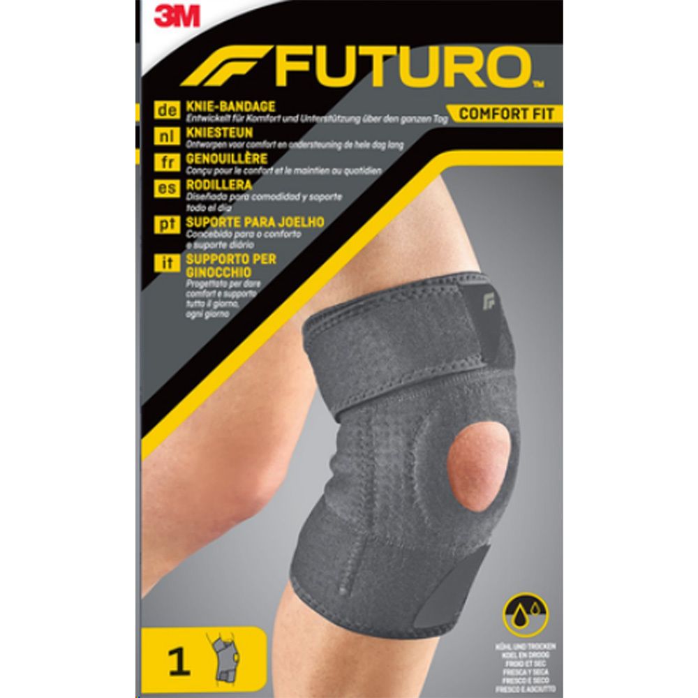 FUTURO Comfort Fit Kniebandage mit Öffnung für die Kniescheibe, verstellbare Klettverschlüsse.
