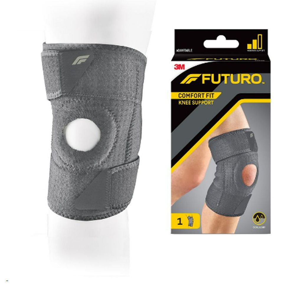 FUTURO Comfort Fit Kniebandage auf einem Beinmodell, mit Verpackung daneben.
