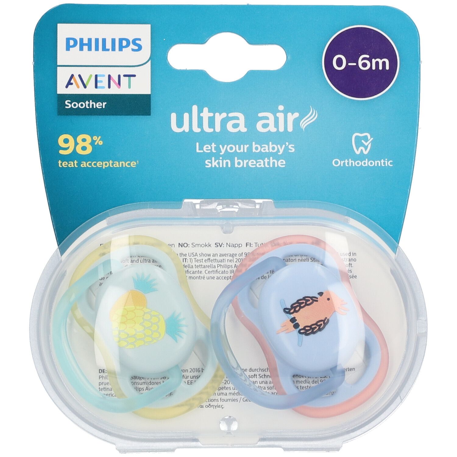 Zwei Schnuller in einer transparenten Verpackung. Blaue und gelbe Designs mit dem Schriftzug "Ultra Air". Marke: Philips Avent.