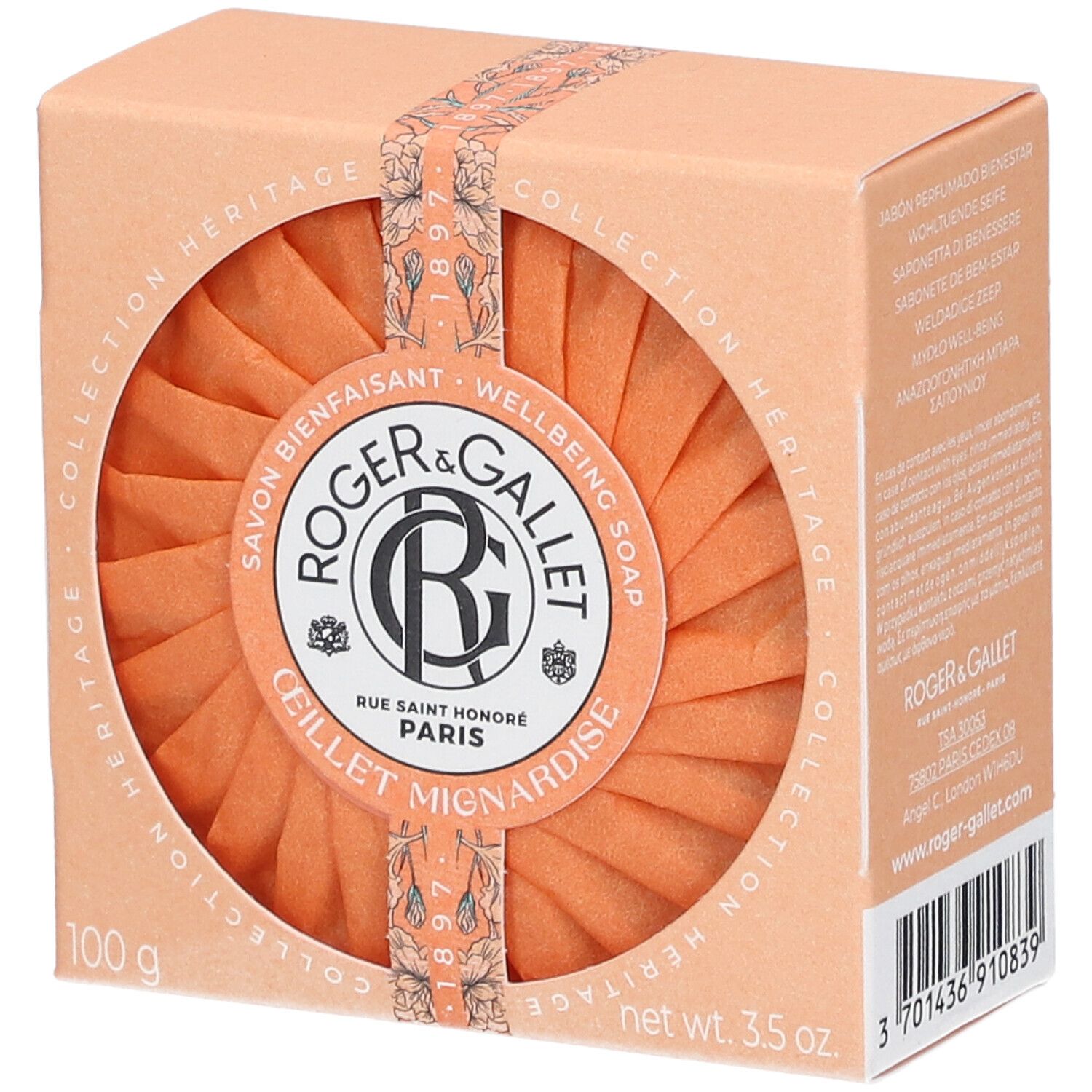 Kartonverpackung mit Seife. Orangefarbene Seife mit Logo. Text: Roger & Gallet, Œillet Mignardise, 100 g, 3.5 oz.