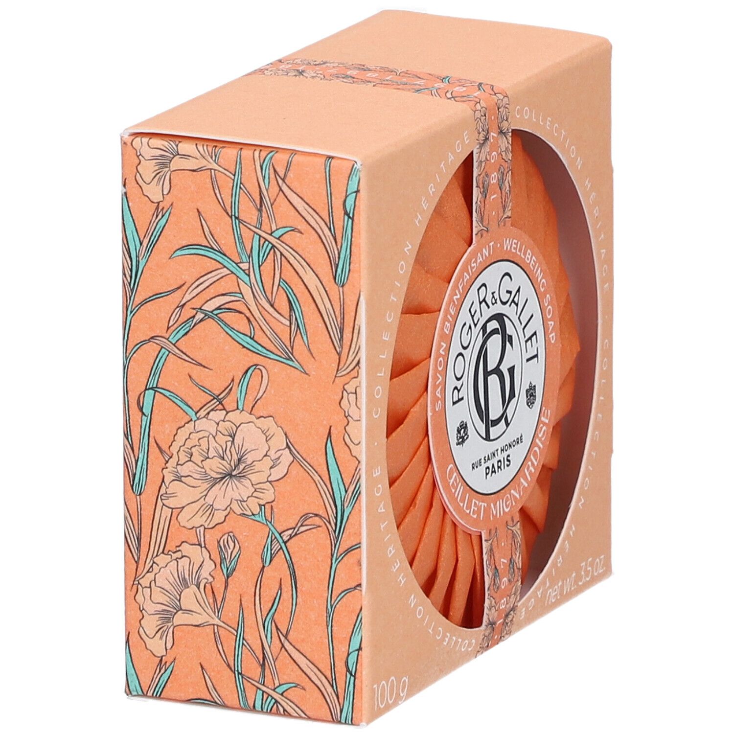 Kartonverpackung mit Seife. Orangefarbene Seife mit Logo. Floralmuster auf der Seite. Text: Roger & Gallet, Œillet Mignardise.