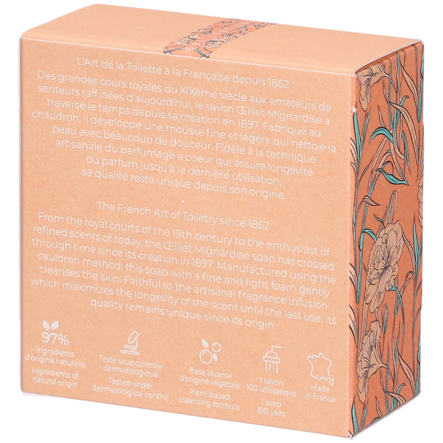 Rückseite der Kartonverpackung. Text in mehreren Sprachen. Logos und Informationen zur Inhaltsstoffen und Herkunft.