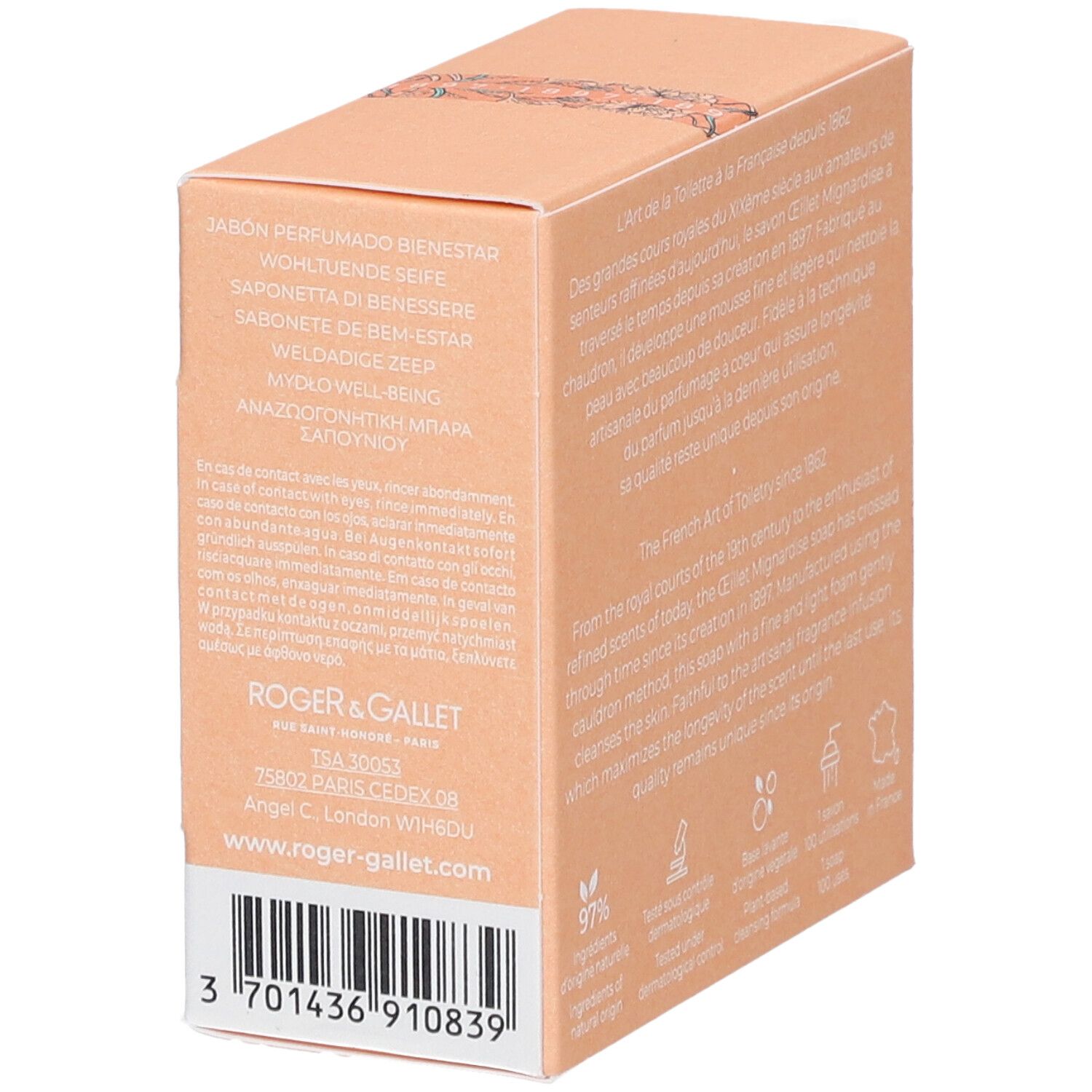 Seite der Kartonverpackung. Text in mehreren Sprachen. Barcode und Kontaktinformationen. Logo Roger & Gallet.