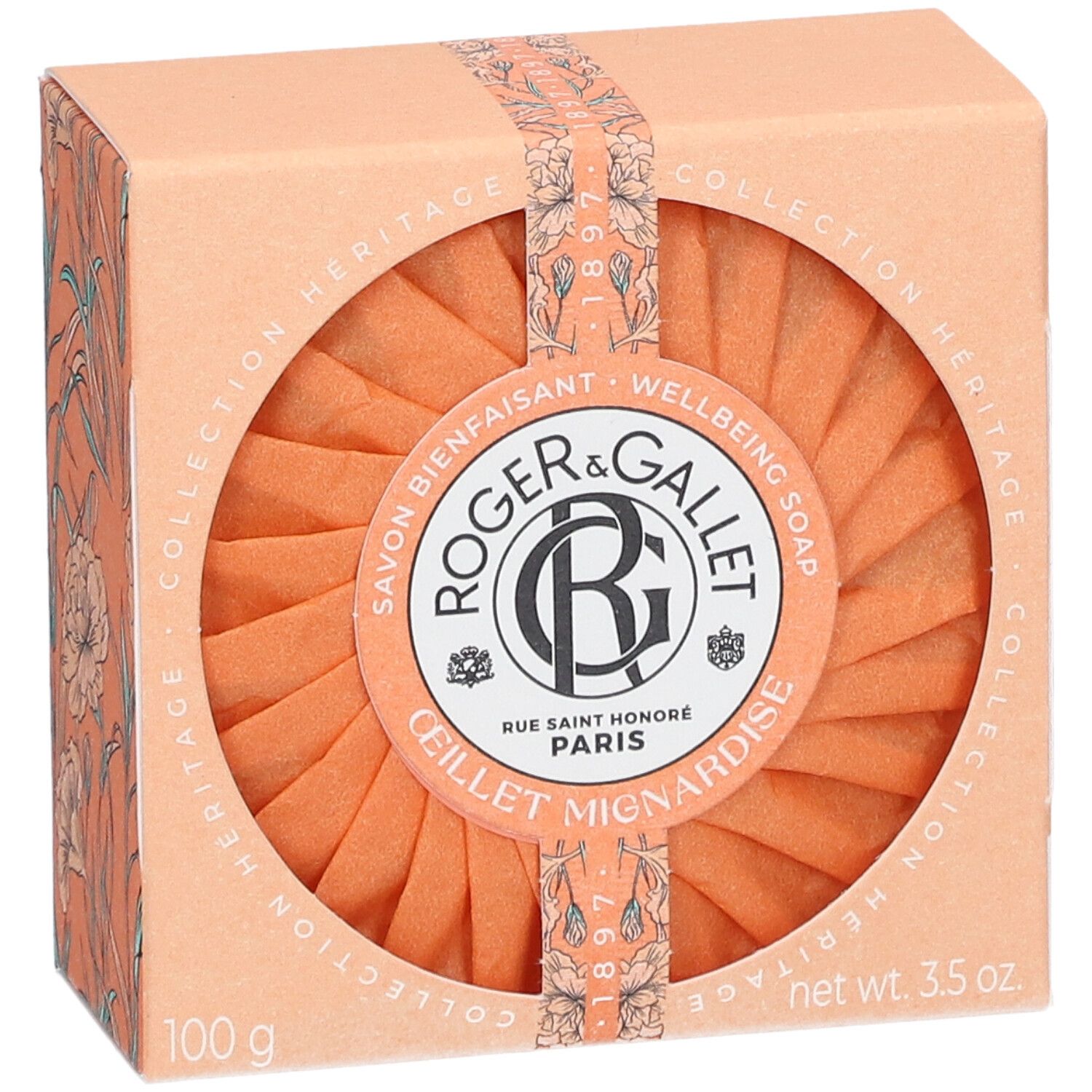 Kartonverpackung mit Seife. Orangefarbene Seife mit Logo. Text: Roger & Gallet, Œillet Mignardise, 100 g, 3.5 oz.