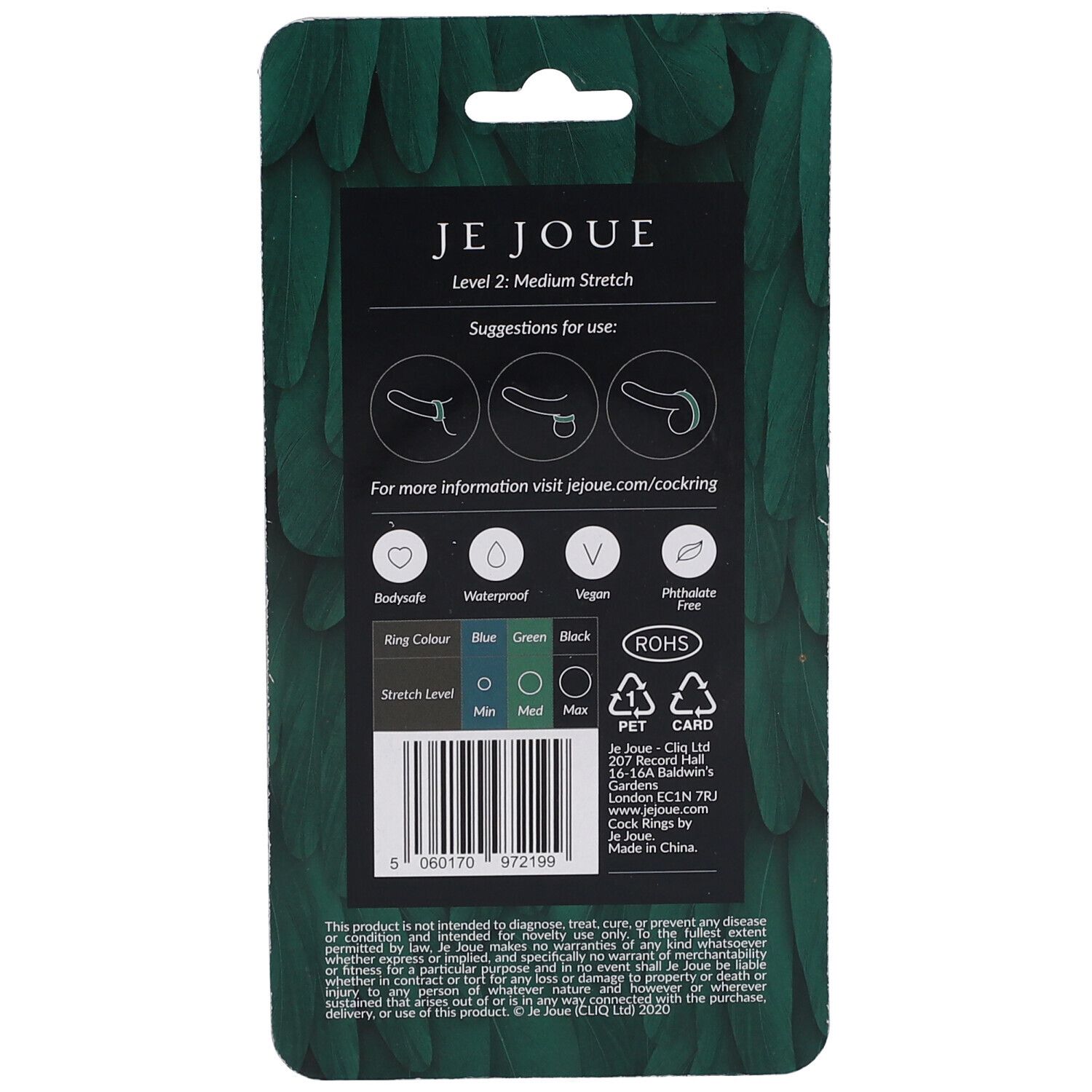 Verpackung für JE JOUE Level 2 Medium Stretch Cock Ring. Zeigt Ringfarben und Dehnungsstufen.