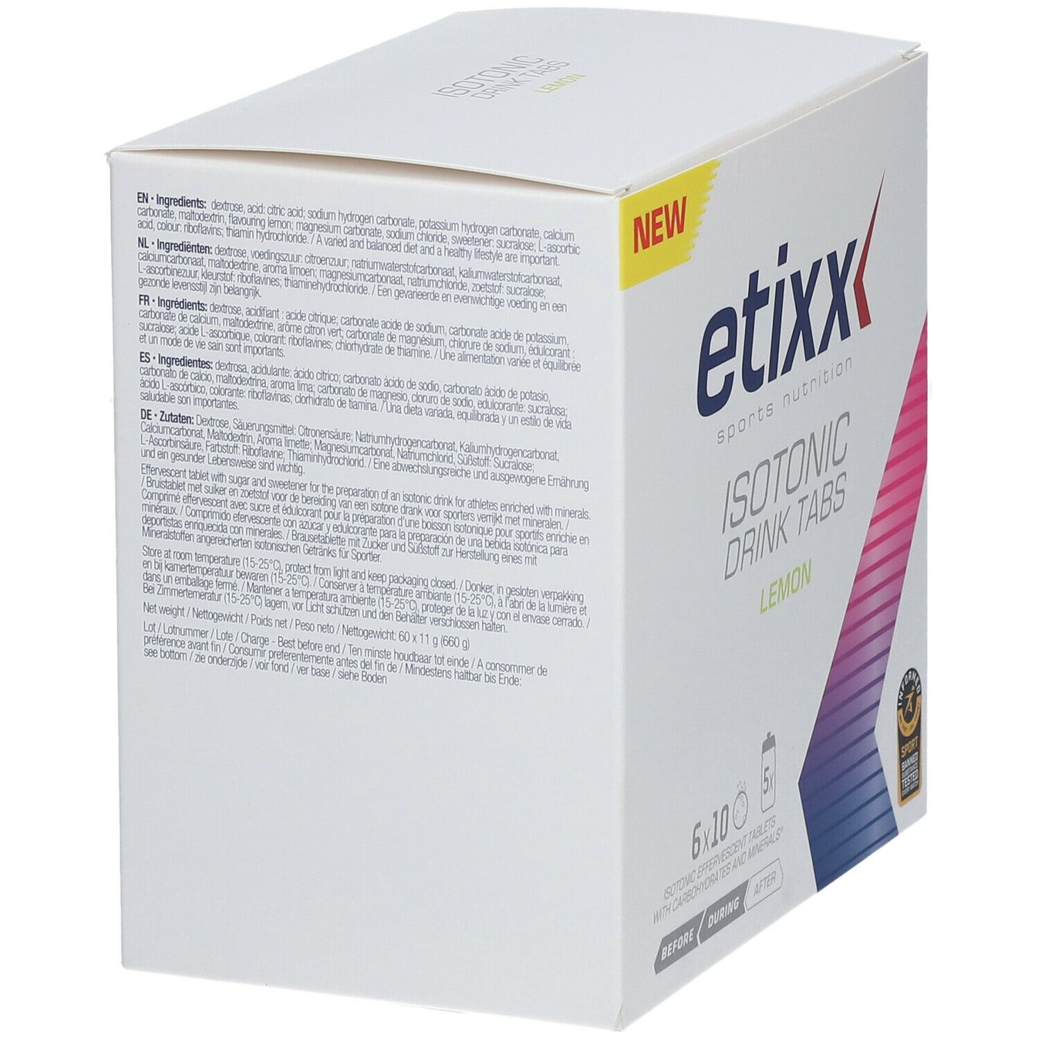 Rückseite der Etixx Isotonic Drink Tabs Zitrone Verpackung. Text in mehreren Sprachen. Inhaltsstoffe.