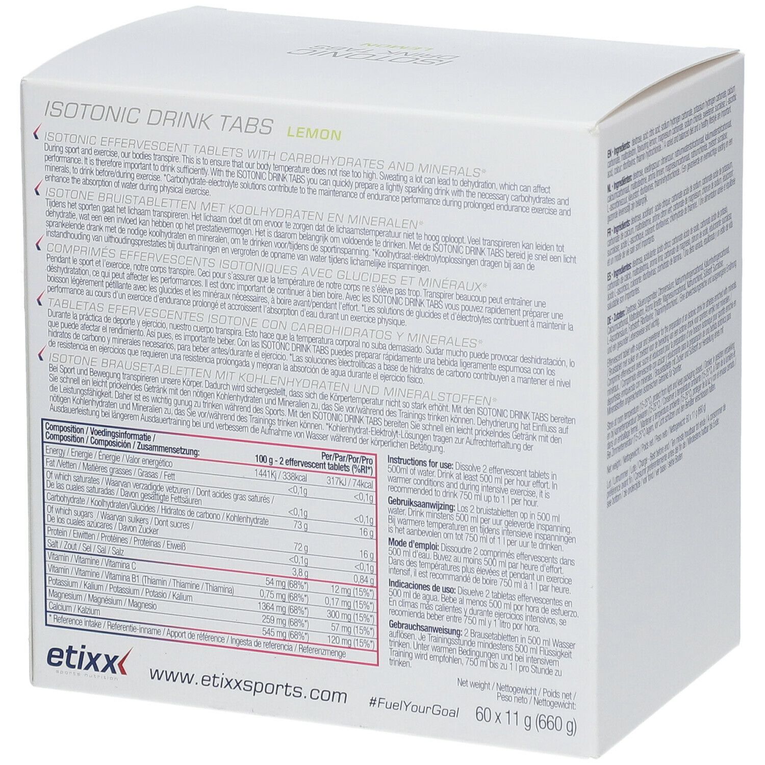 Rückseite der Etixx Isotonic Drink Tabs Zitrone Verpackung. Text in mehreren Sprachen. Nährwerttabelle.