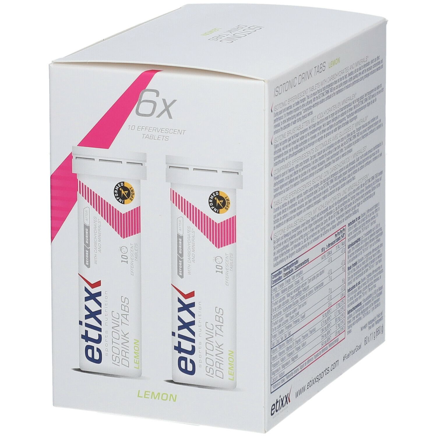 Etixx Isotonic Drink Tabs Zitrone. Karton mit 6x10 Brausetabletten. Zwei Tuben sichtbar.